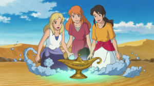 Três mulheres (loira, ruiva e morena) perdidas no deserto, com um gênio saindo de uma lâmpada mágica. A ruiva e a morena desaparecem em nuvens de fumaça, enquanto a loira olha animada, esperando suas amigas.