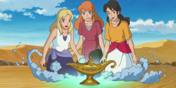 Três mulheres (loira, ruiva e morena) perdidas no deserto, com um gênio saindo de uma lâmpada mágica. A ruiva e a morena desaparecem em nuvens de fumaça, enquanto a loira olha animada, esperando suas amigas.