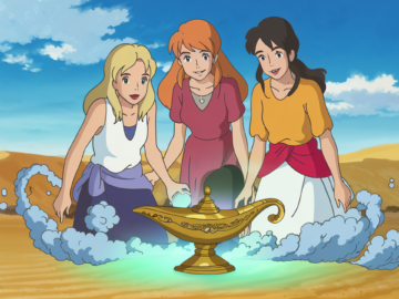 Três mulheres (loira, ruiva e morena) perdidas no deserto, com um gênio saindo de uma lâmpada mágica. A ruiva e a morena desaparecem em nuvens de fumaça, enquanto a loira olha animada, esperando suas amigas.